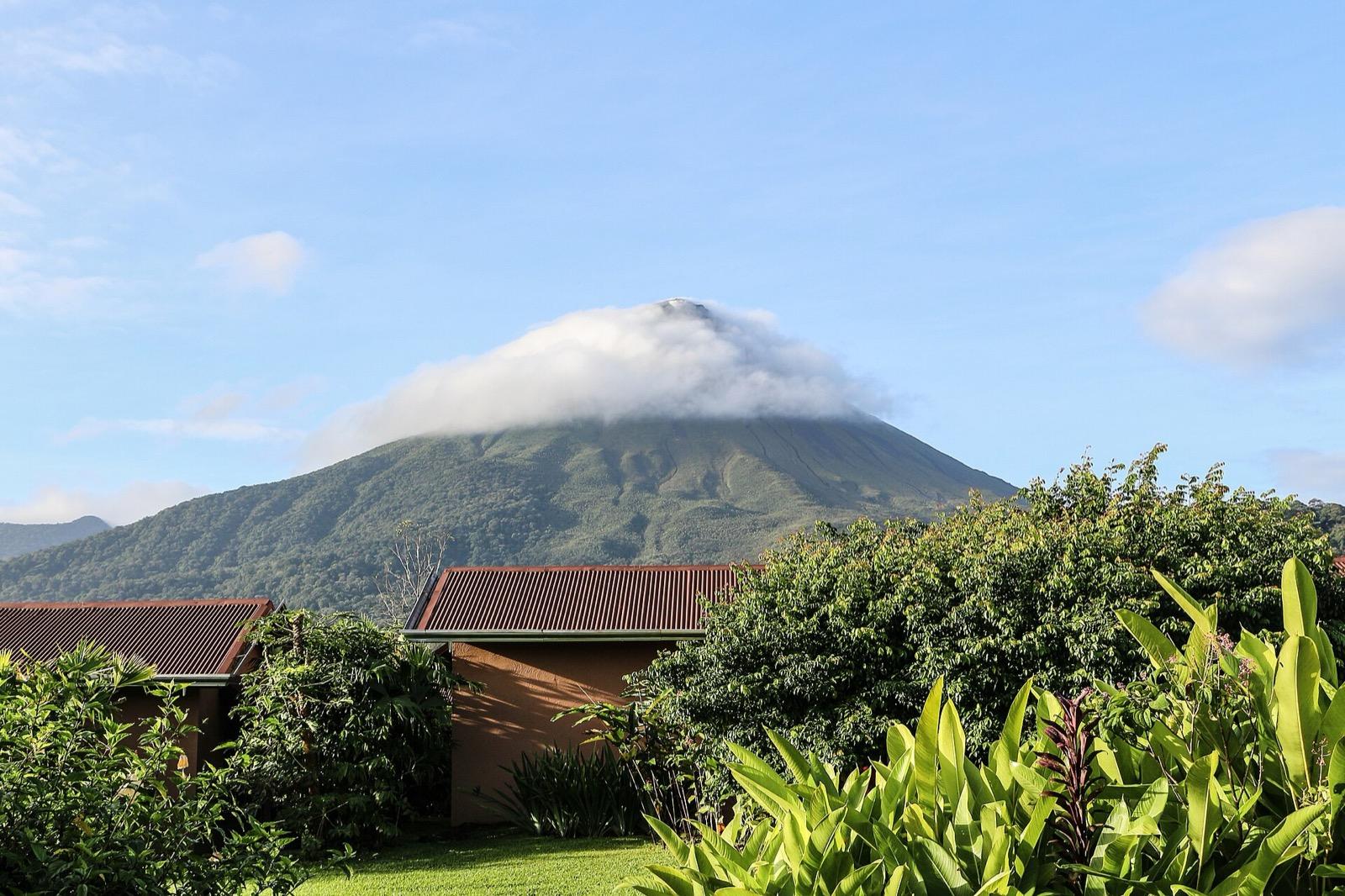 Lush Costa Rican rainforest canopy with a volcano in the distance