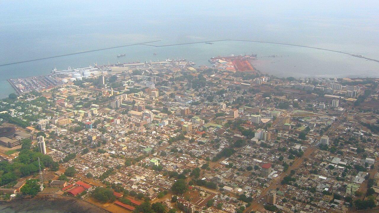 Aerial view of Conakry, the capital of Guinea, on the coast