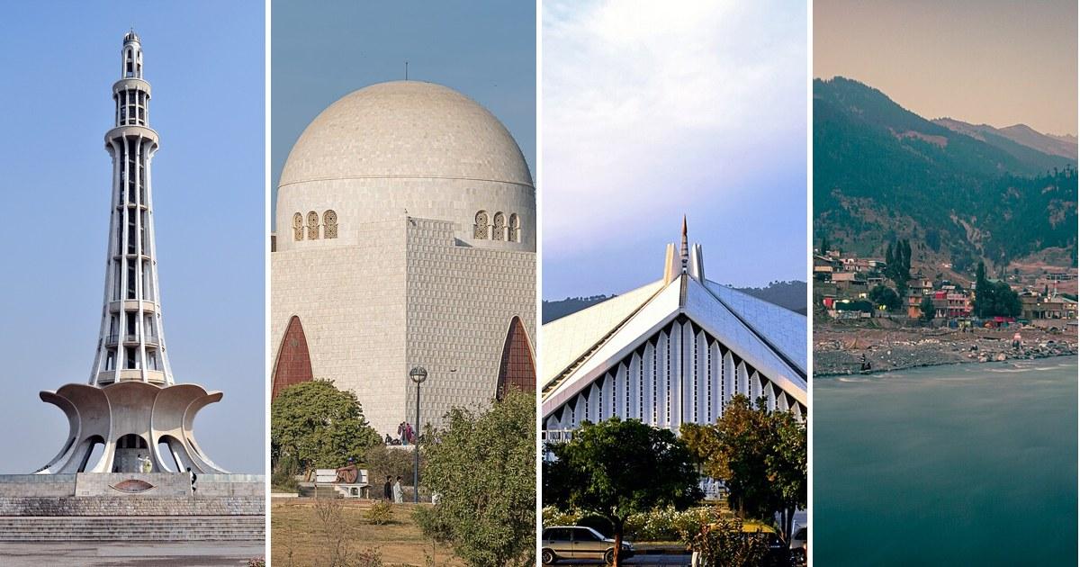 Pakistan landmarks: Minar-e-Pakistan in Lahore, Mazar-e-Quaid in Karachi, Faisal Mosque, and the Swat Valley in Khyber Pakhtunkhwa